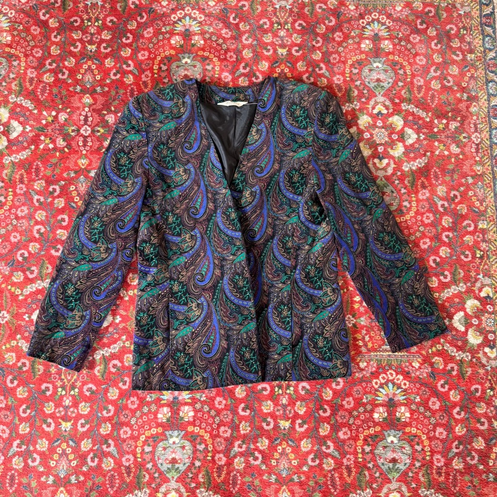 Tan Jay Blazer Women XL Blue Green Paisley Vintage Open Front Lined Shoulder Pad